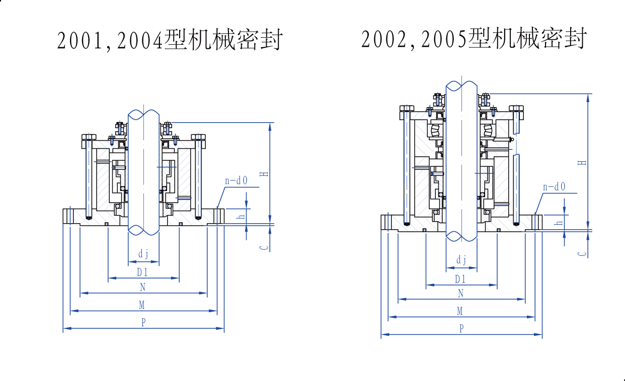   2001，2002，2004，2005型高性能徑向平衡型雙端面機械密封設(shè)計圖